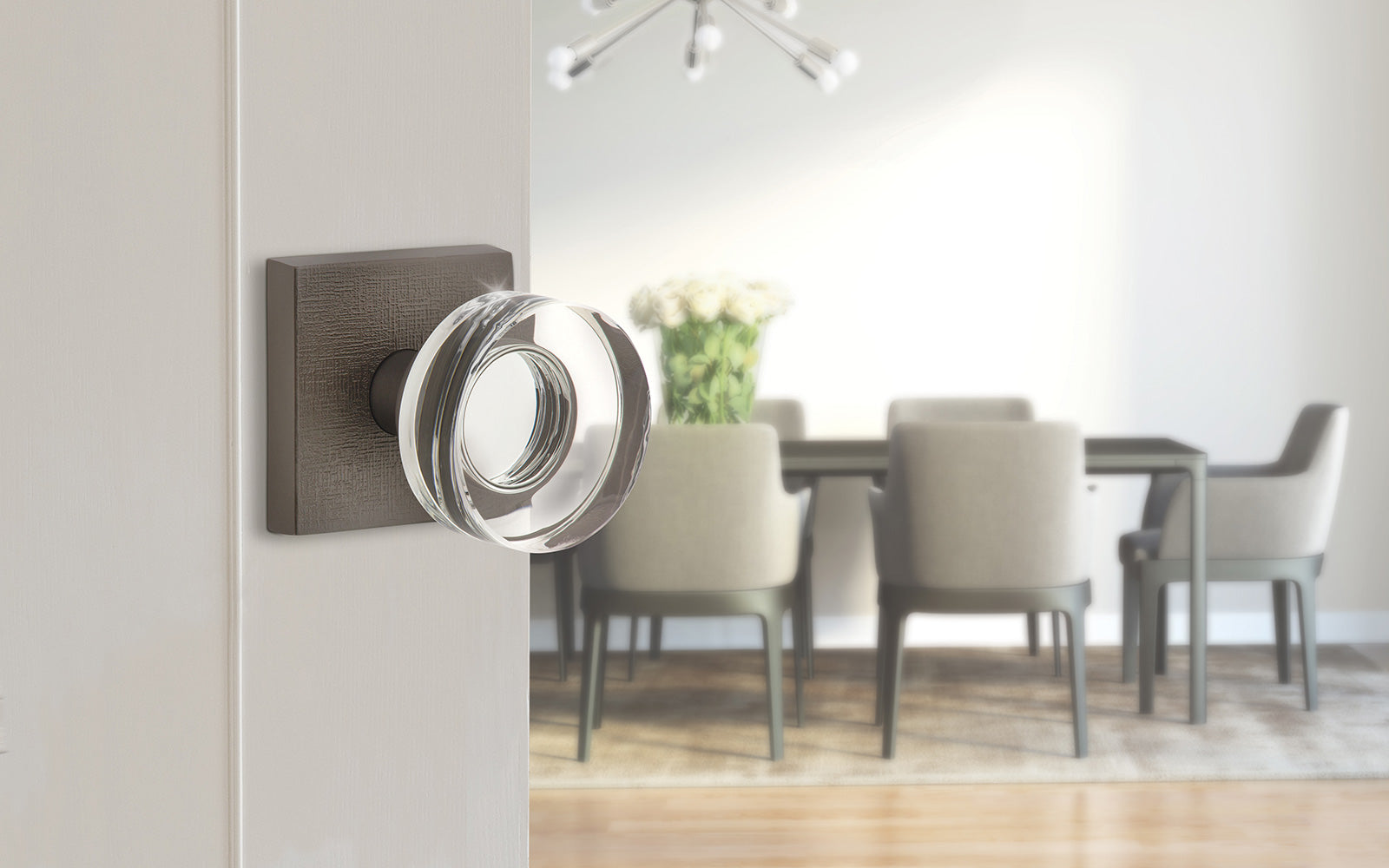 modern contemporary luxury home with titanium gray door hardware and crystal doorknob from viaggio
