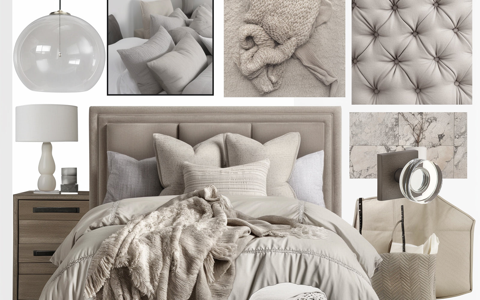 cozy bedroom mood board with fabric textures color door hardware