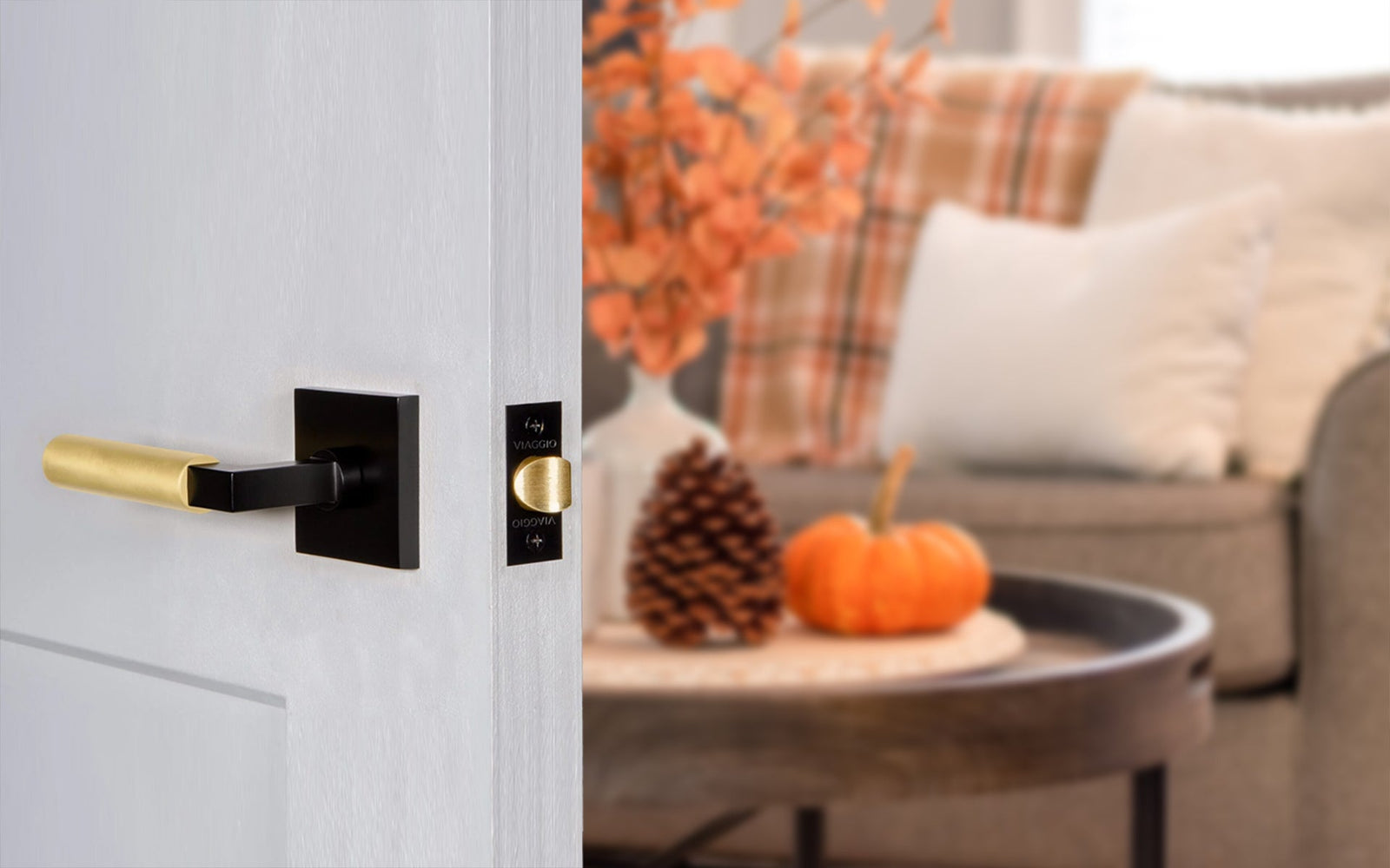 Black and gold door hardware for fall interiors. Viaggio Hardware’s modern finishes bring warmth, contrast, and contemporary style to any home.