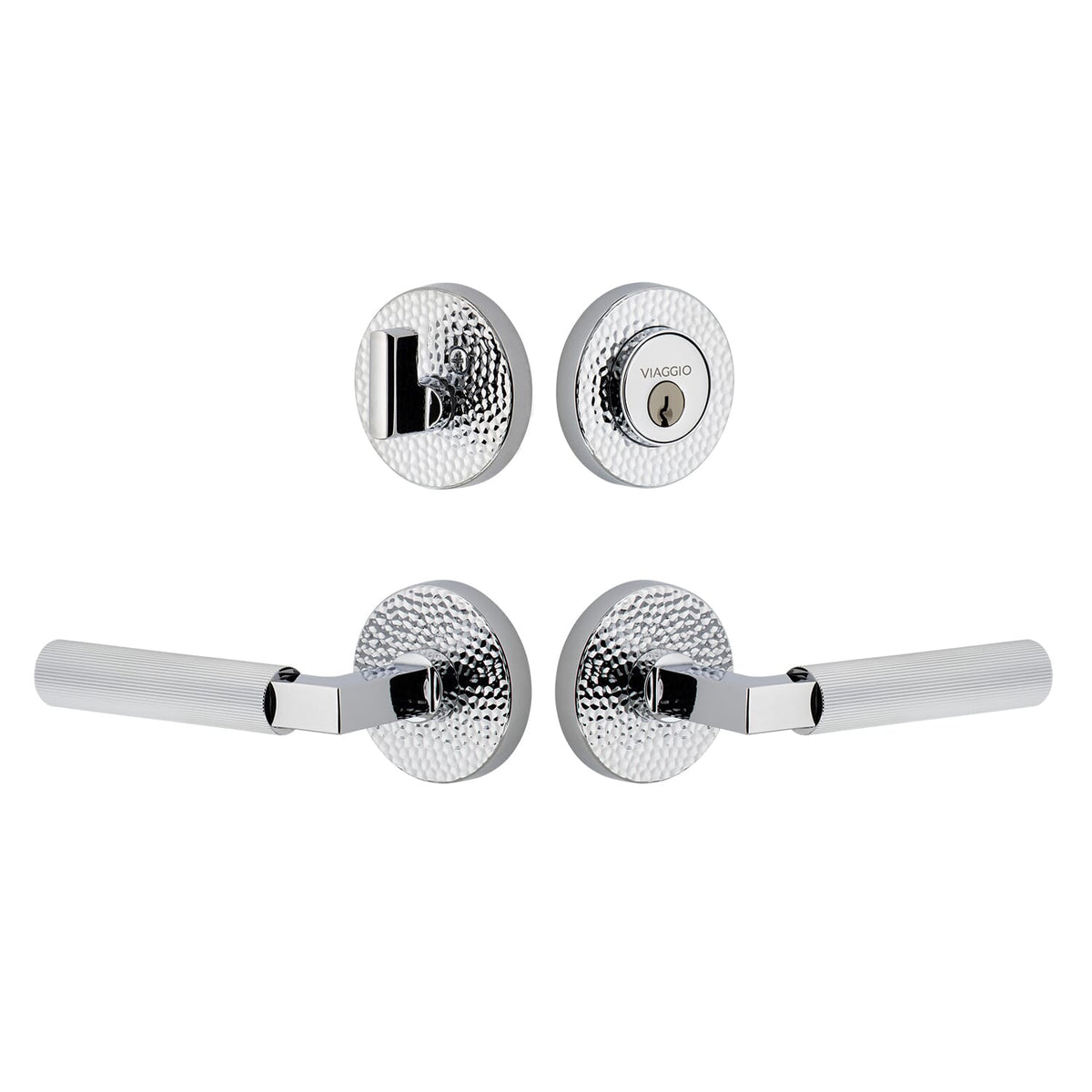 Circolo Hammered Rosette Entry Set with Contempo Fluted Lever  in Bright Chrome