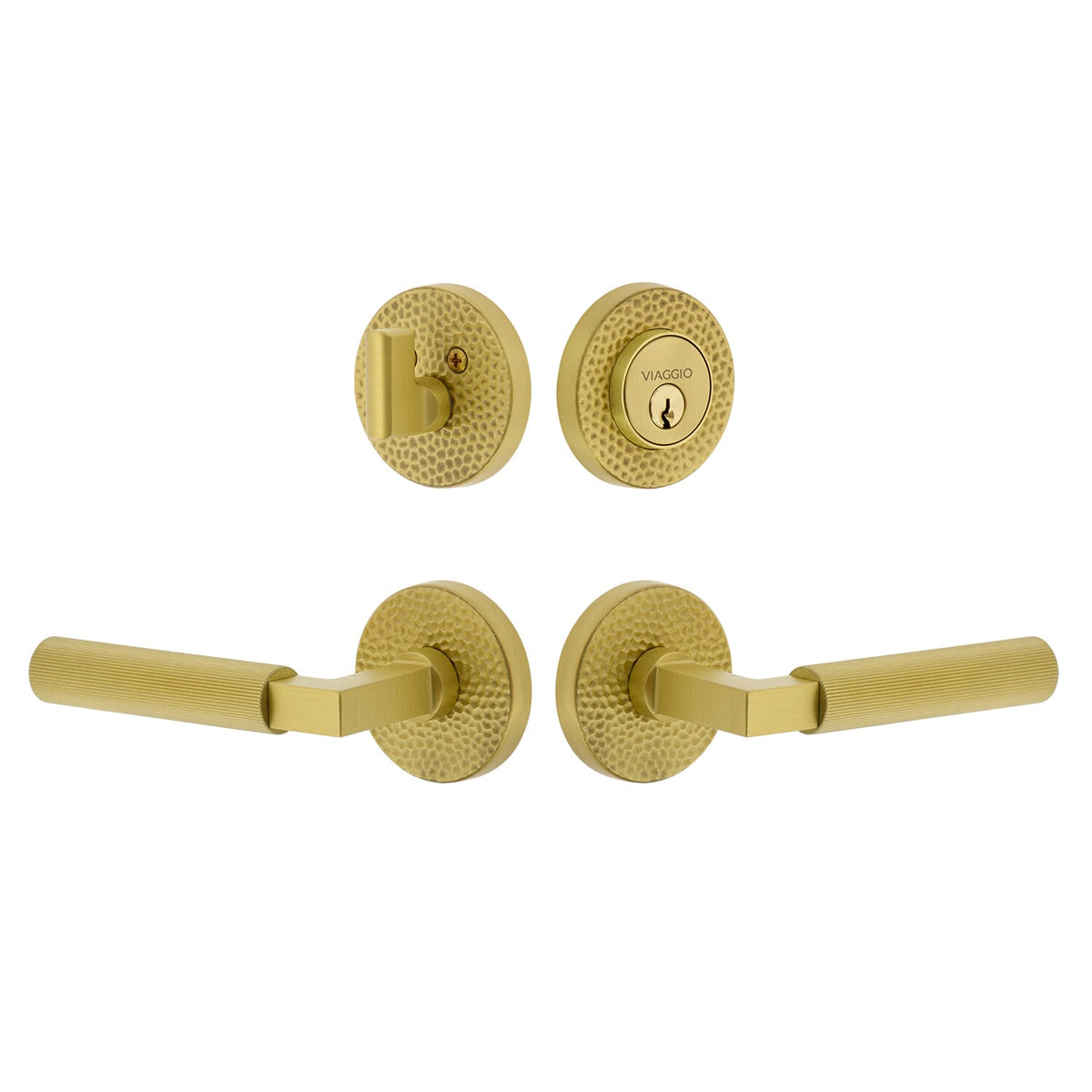 Circolo Hammered Rosette Entry Set with Contempo Fluted Lever  in Satin Brass