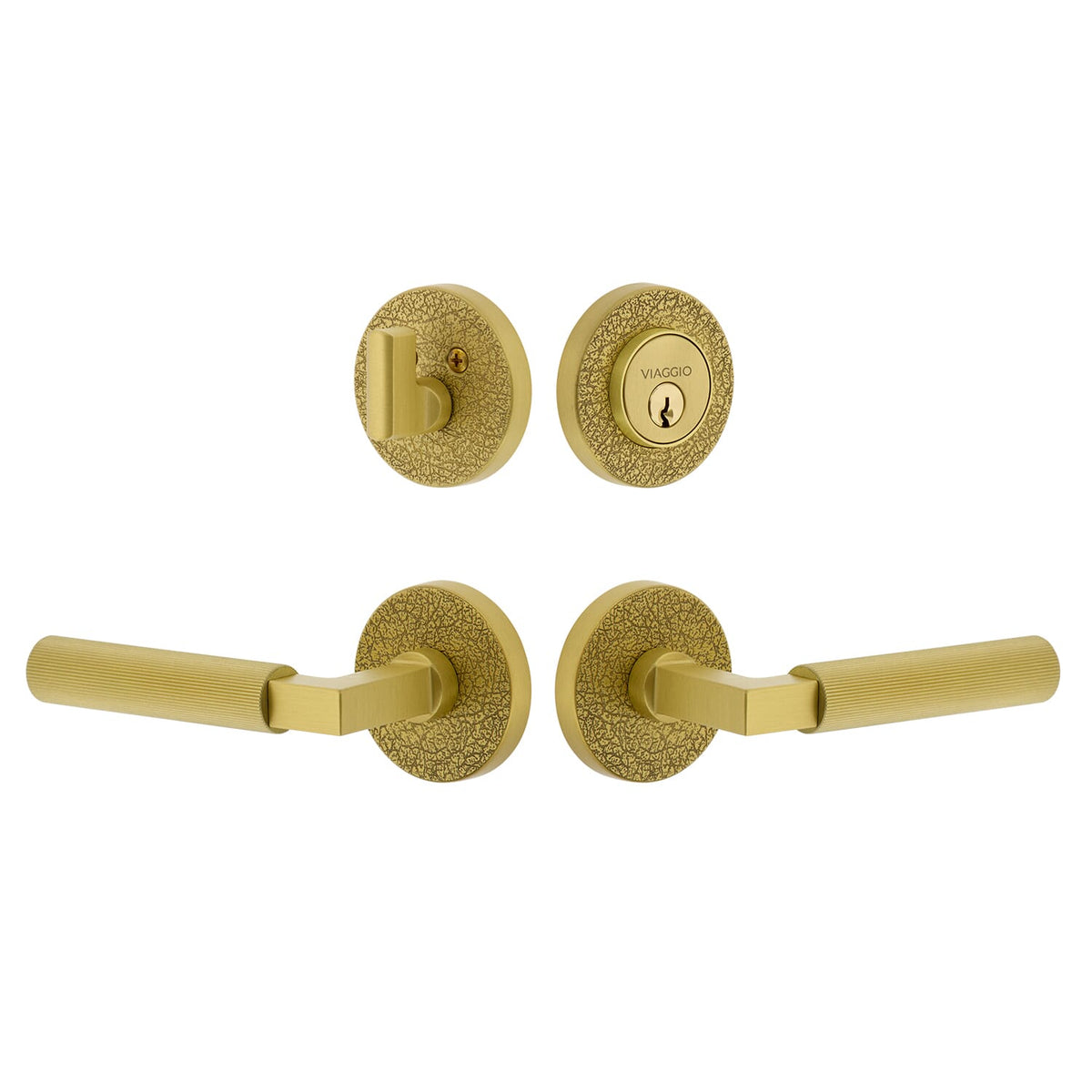 Circolo Leather Rosette Entry Set with Contempo Fluted Lever  in Satin Brass