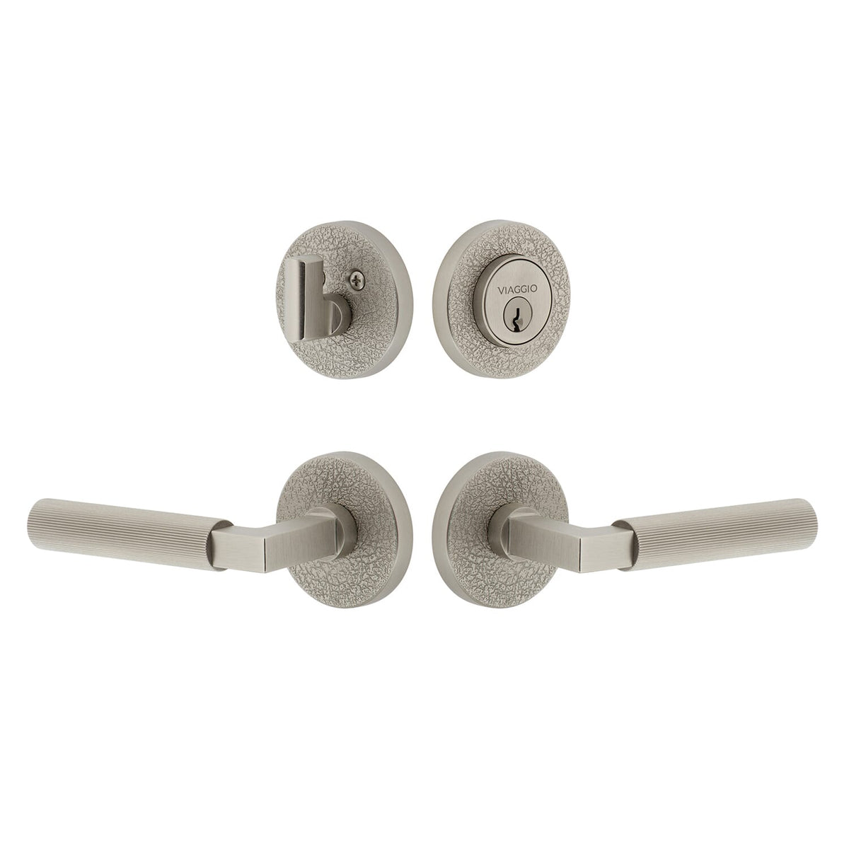 Circolo Leather Rosette Entry Set with Contempo Fluted Lever  in Satin Nickel