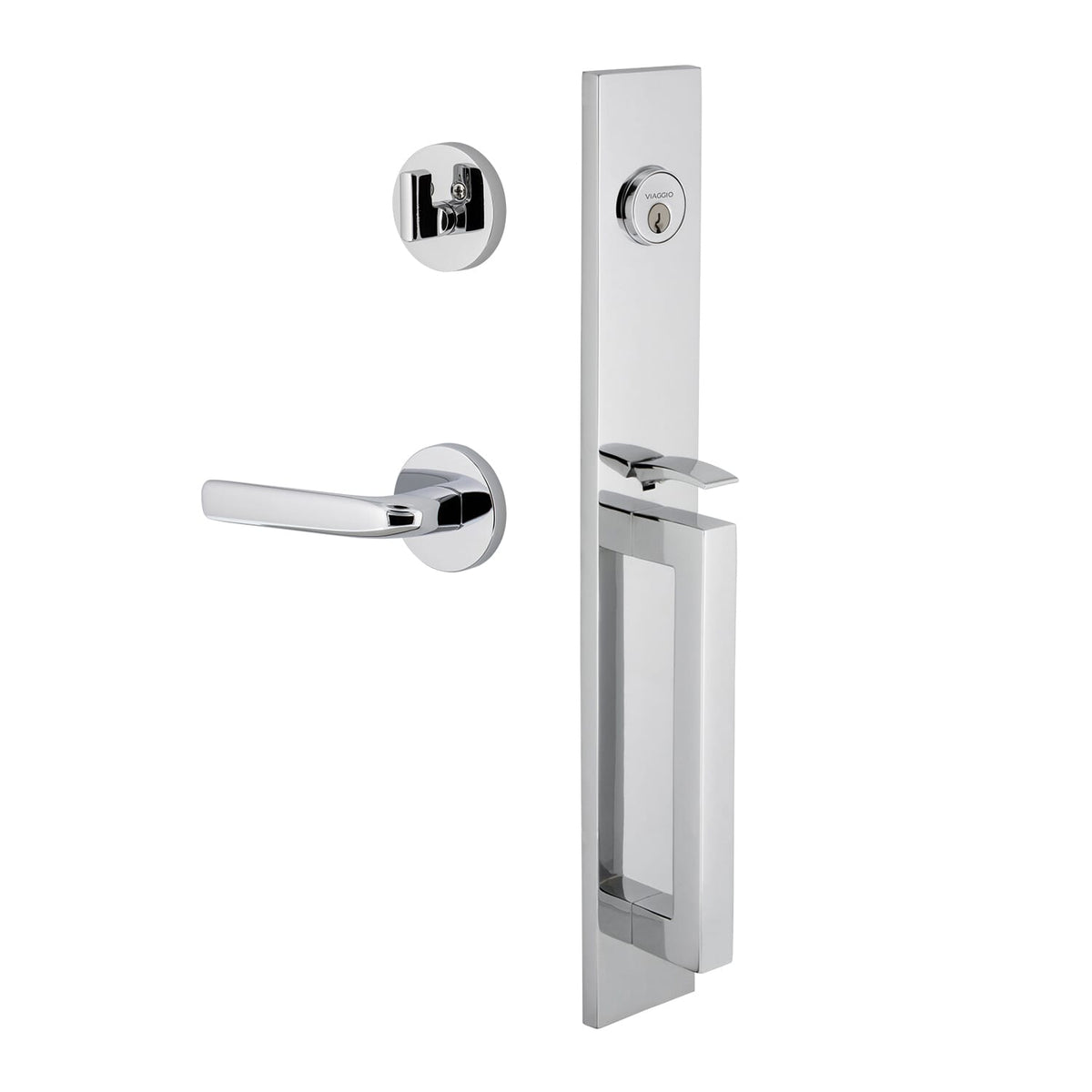 Quadrato One-Piece Handleset with D Grip and Circolo Rosette with Bella Lever in Bright Chrome