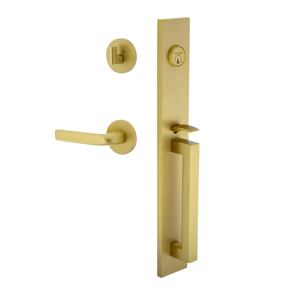 Quadrato One-Piece Handleset with D Grip and Circolo Rosette with Bella Lever in Satin Brass