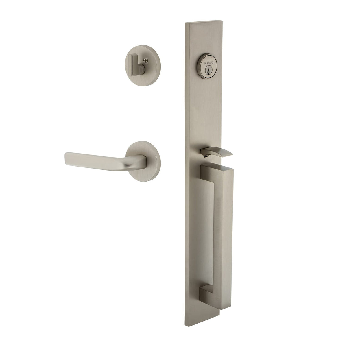 Quadrato One-Piece Handleset with D Grip and Circolo Rosette with Bella Lever in Satin Nickel