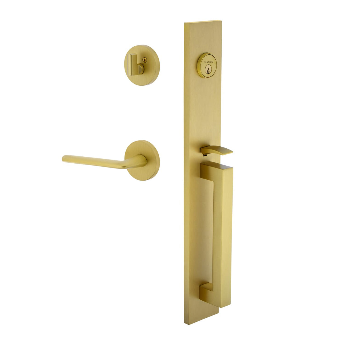 Quadrato One-Piece Handleset with D Grip and Circolo Rosette with Brezza Lever in Satin Brass