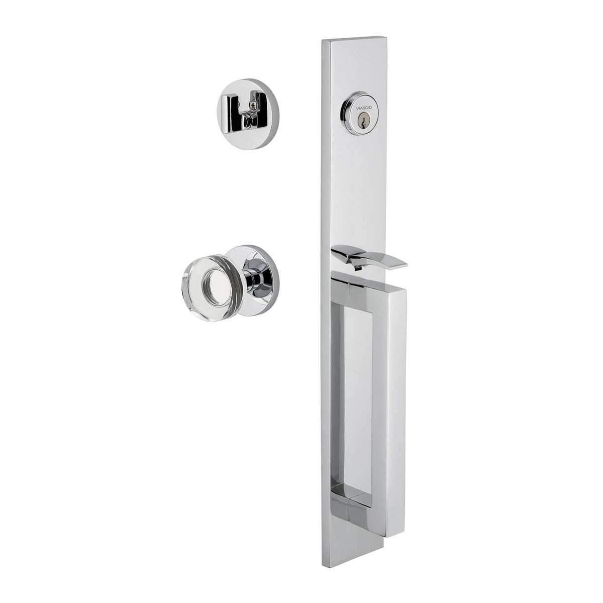 Quadrato One-Piece Handleset with D Grip and Circolo Rosette with Circolo Crystal Knob in Bright Chrome