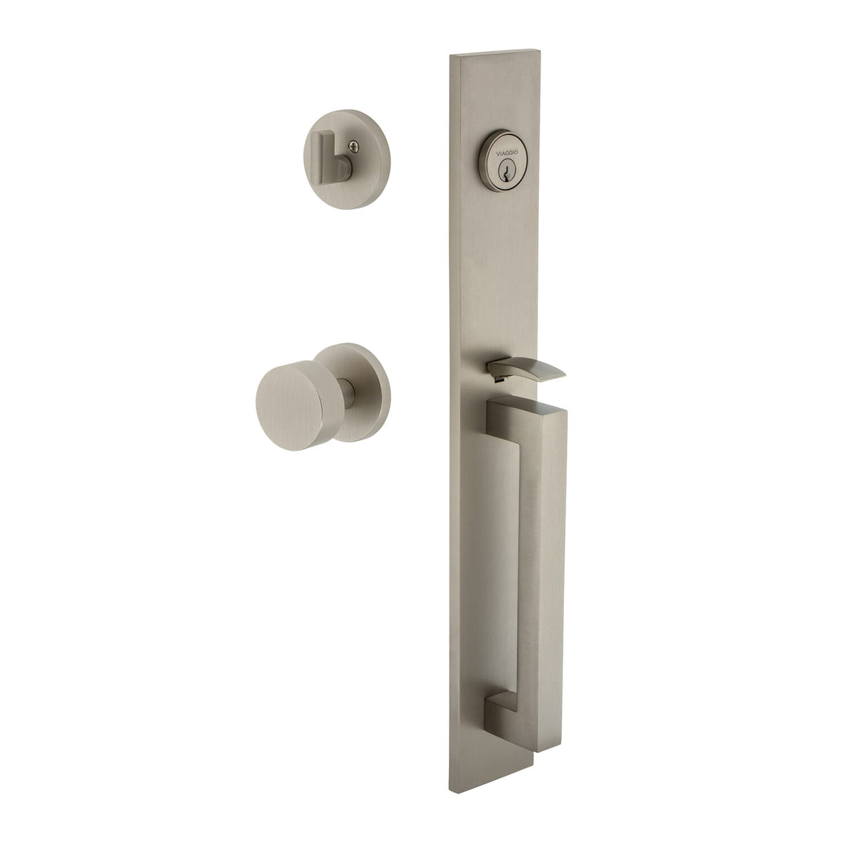 Quadrato One-Piece Handleset with D Grip and Circolo Rosette with Circolo Knob in Satin Nickel