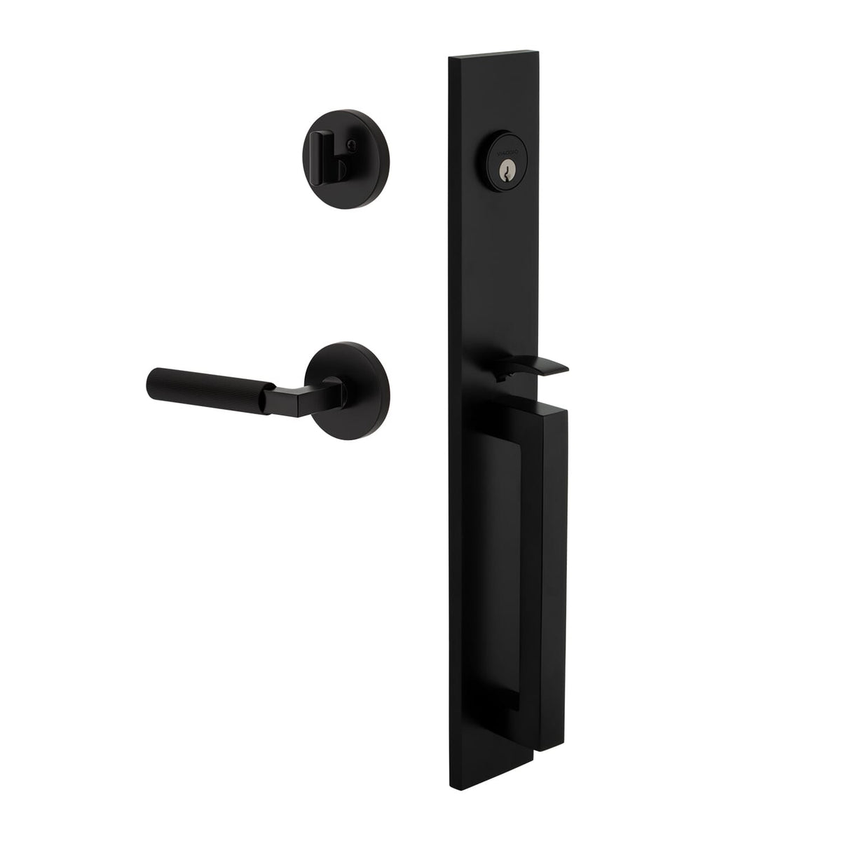 Quadrato One-Piece Handleset with D Grip and Circolo Rosette with Contempo Fluted Lever in Satin Black