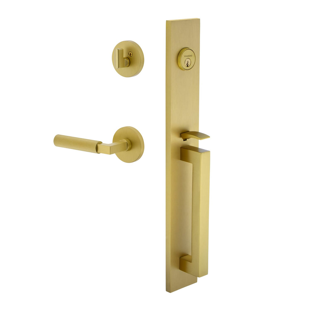 Quadrato One-Piece Handleset with D Grip and Circolo Rosette with Contempo Fluted Lever in Satin Brass