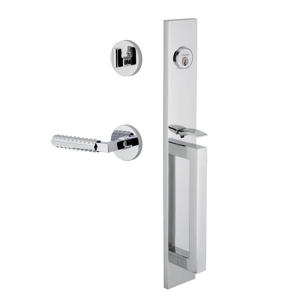 Quadrato One-Piece Handleset with D Grip and Circolo Rosette with Contempo Rebar Lever in Bright Chrome