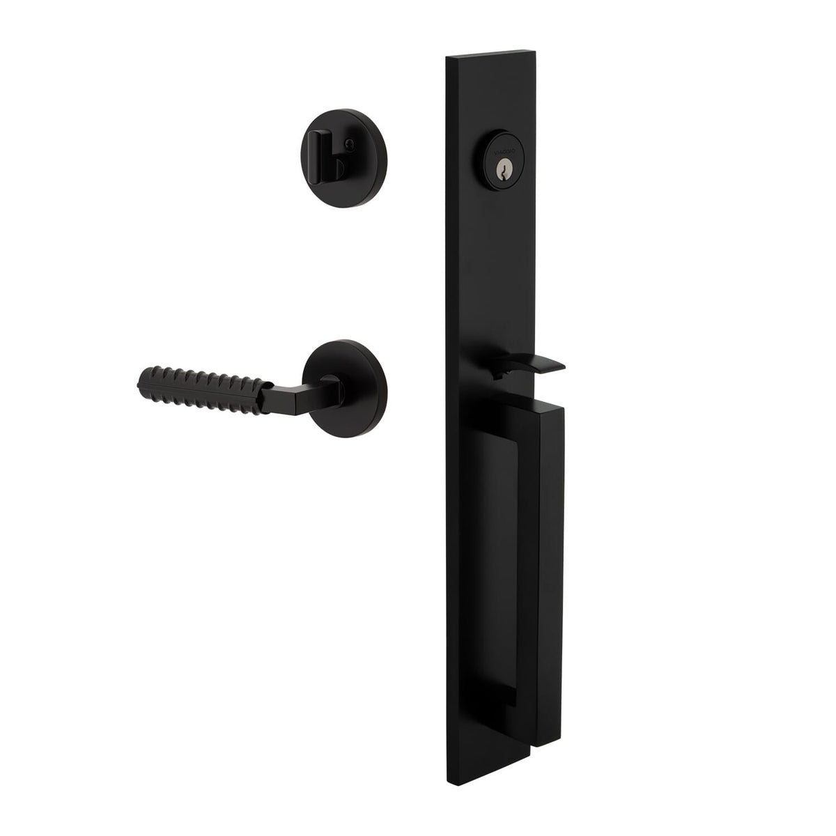 Quadrato One-Piece Handleset with D Grip and Circolo Rosette with Contempo Rebar Lever in Satin Black