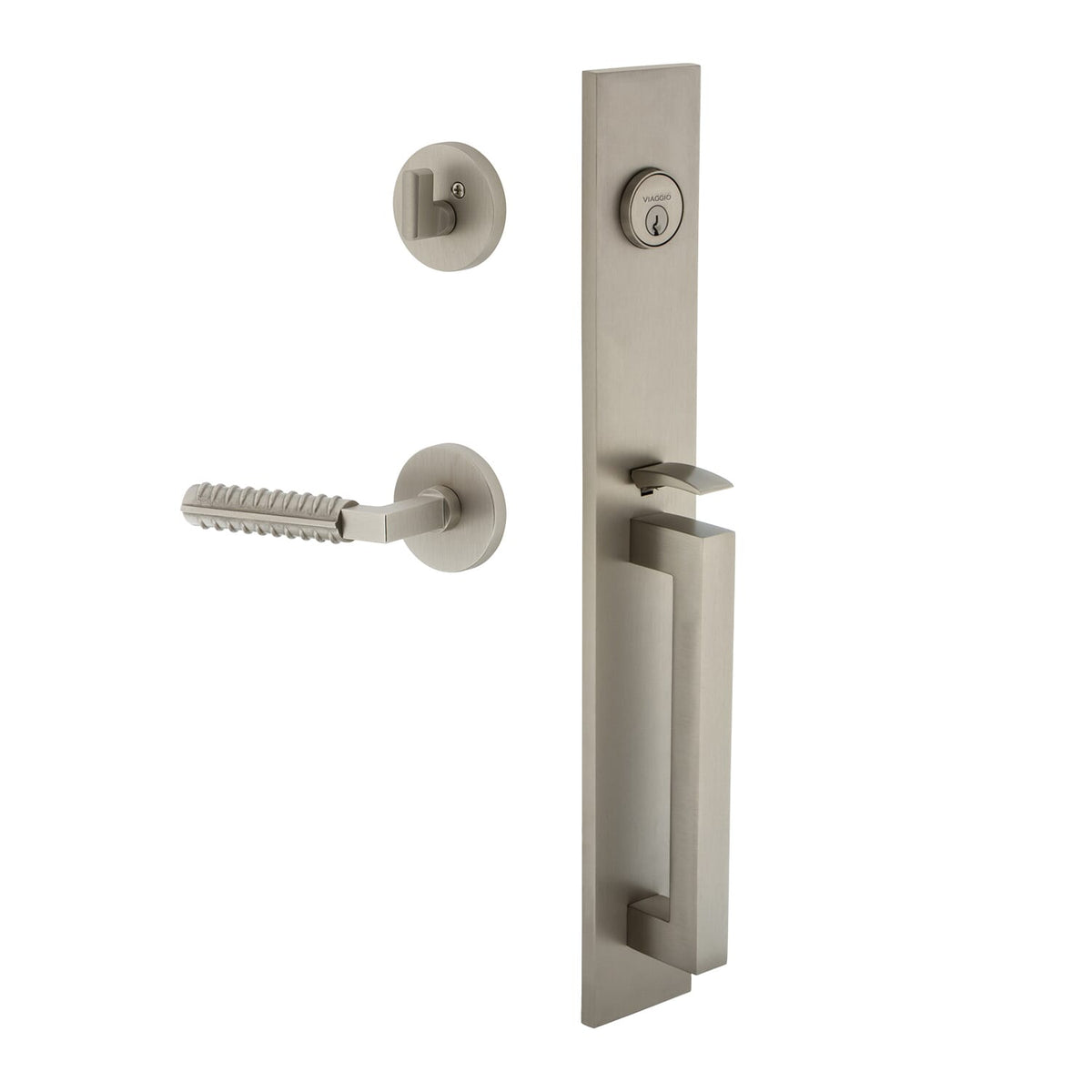 Quadrato One-Piece Handleset with D Grip and Circolo Rosette with Contempo Rebar Lever in Satin Nickel