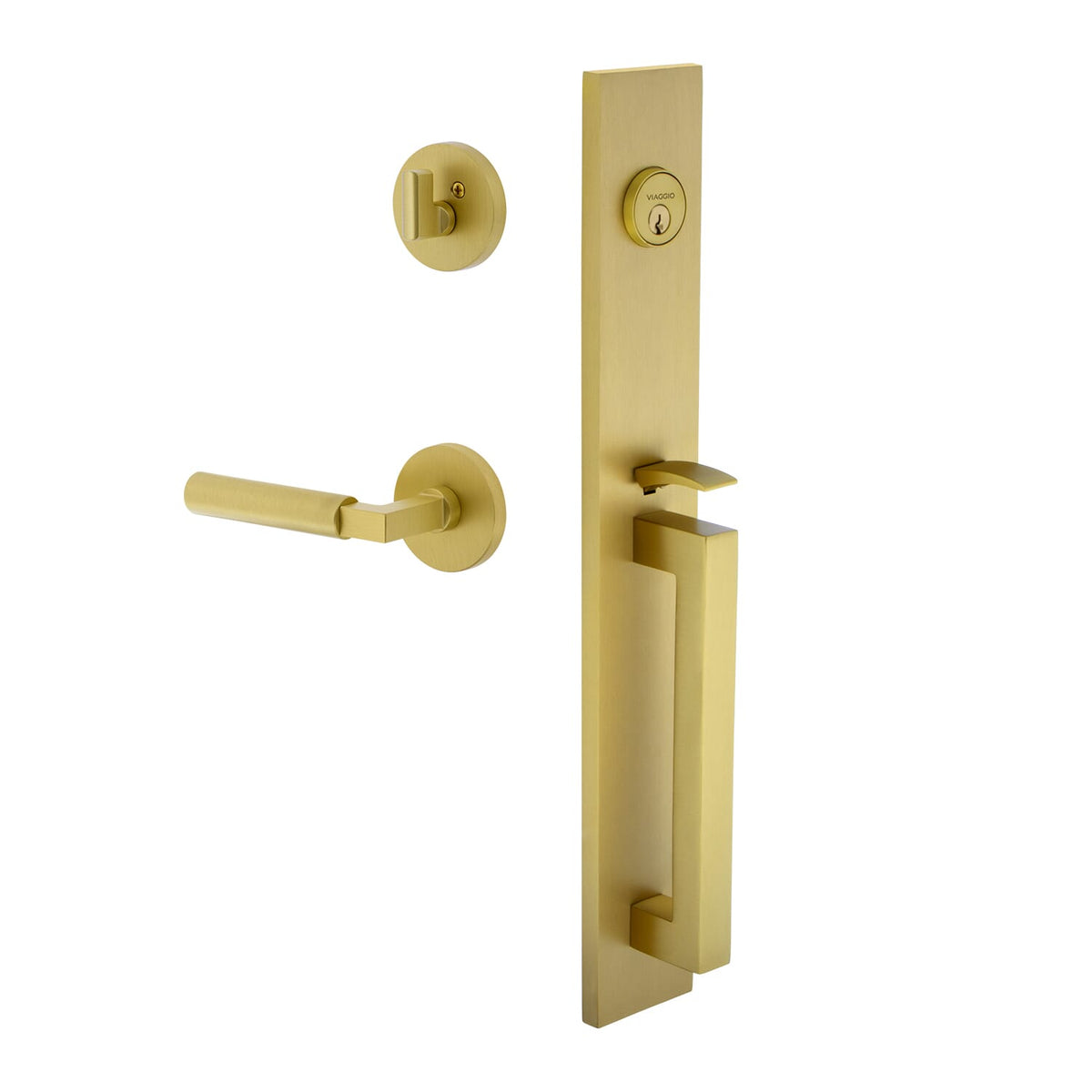 Quadrato One-Piece Handleset with D Grip and Circolo Rosette with Contempo Smooth Lever in Satin Brass