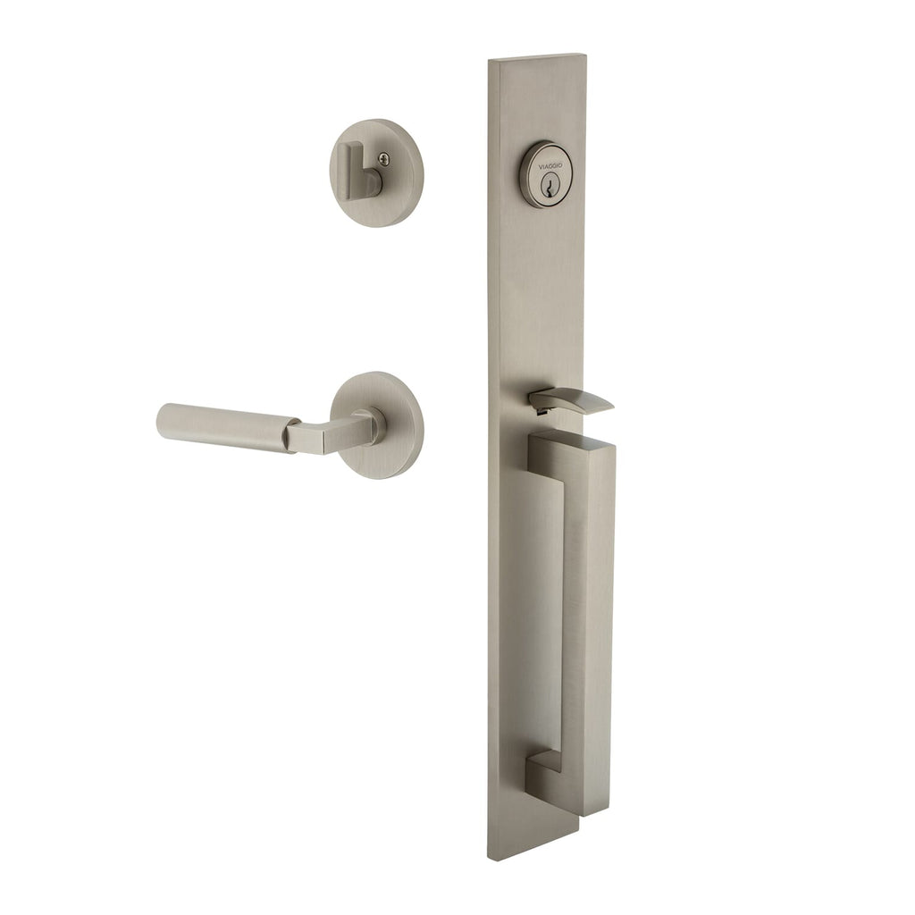 Quadrato One-Piece Handleset with D Grip and Circolo Rosette with Contempo Smooth Lever in Satin Nickel