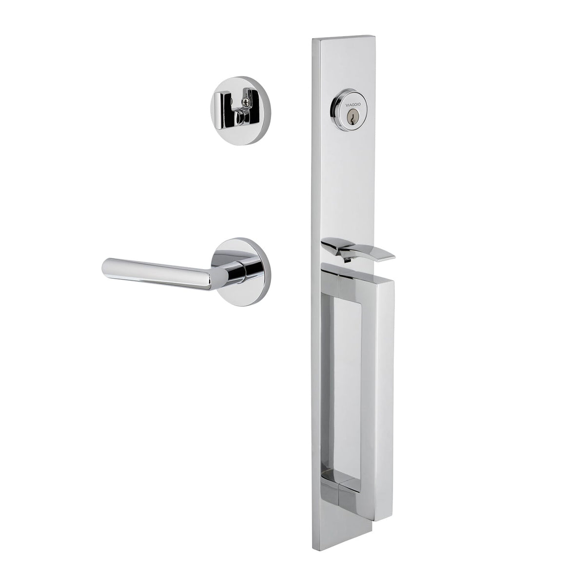 Quadrato One-Piece Handleset with D Grip and Circolo Rosette with Moderno Lever in Bright Chrome