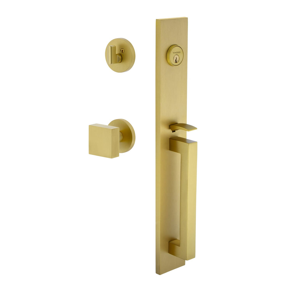 Quadrato One-Piece Handleset with D Grip and Circolo Rosette with Quadrato Knob in Satin Brass