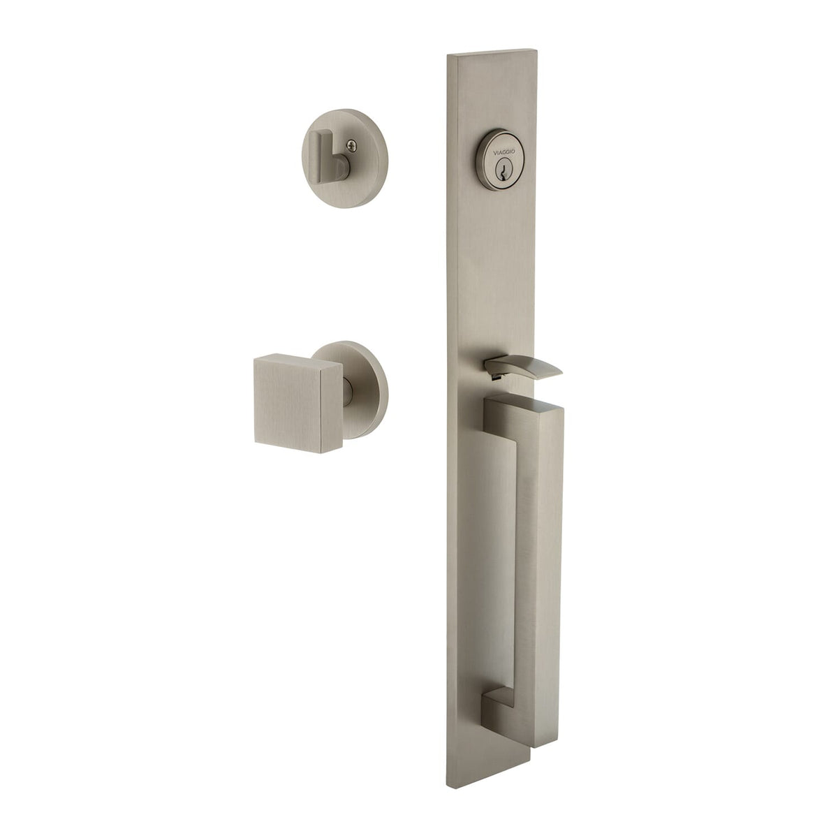 Quadrato One-Piece Handleset with D Grip and Circolo Rosette with Quadrato Knob in Satin Nickel