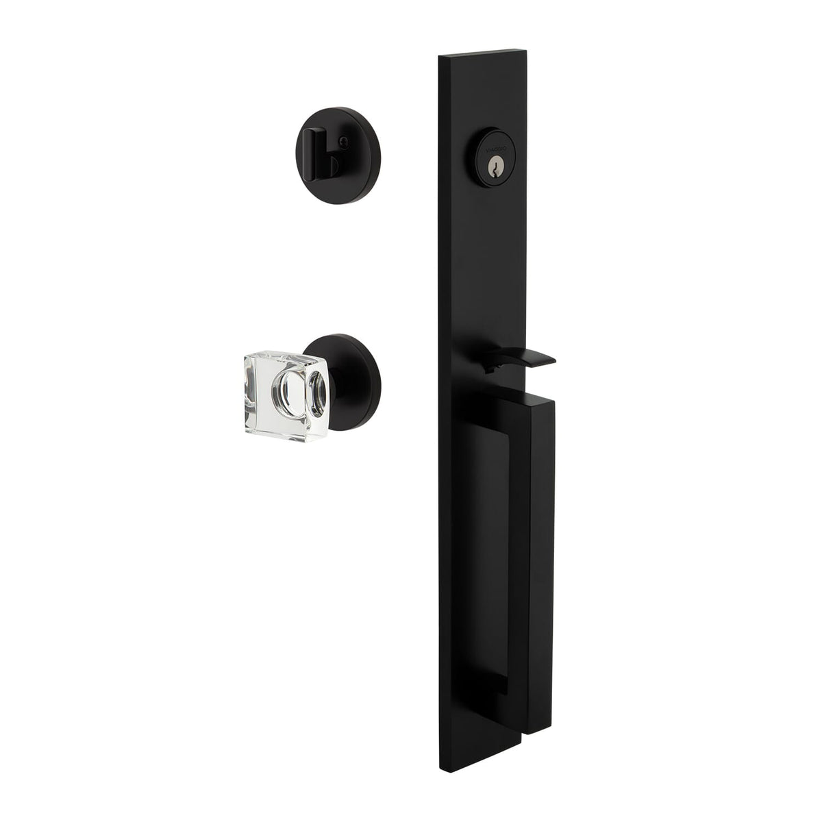 Quadrato One-Piece Handleset with D Grip and Circolo Rosette with Quadrato Crystal Knob in Satin Black