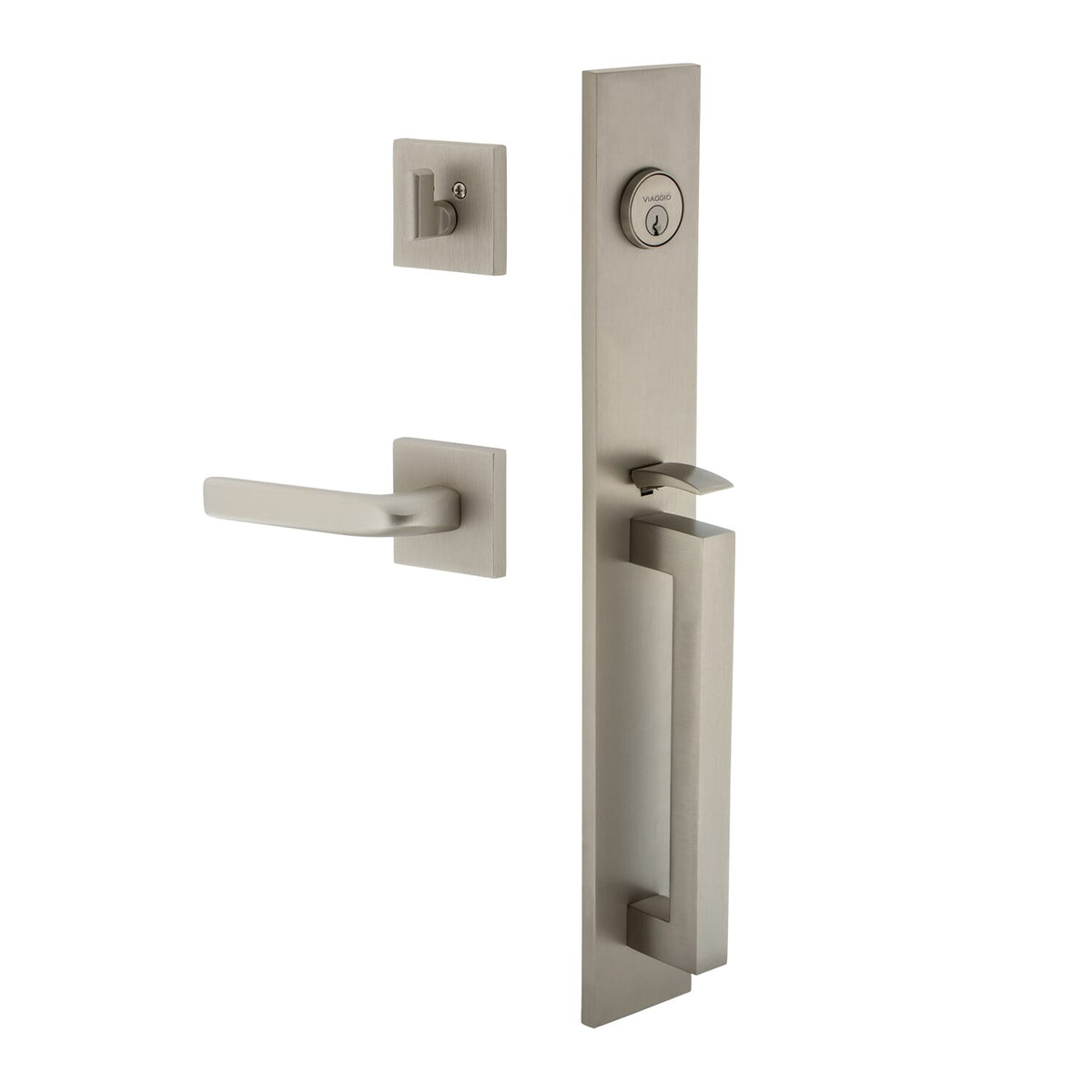 Quadrato One-Piece Handleset with D Grip and Quadrato Rosette with Bella Lever in Satin Nickel