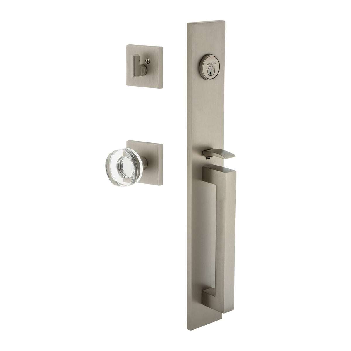 Quadrato One-Piece Handleset with D Grip and Quadrato Rosette with Circolo Crystal Knob in Satin Nickel