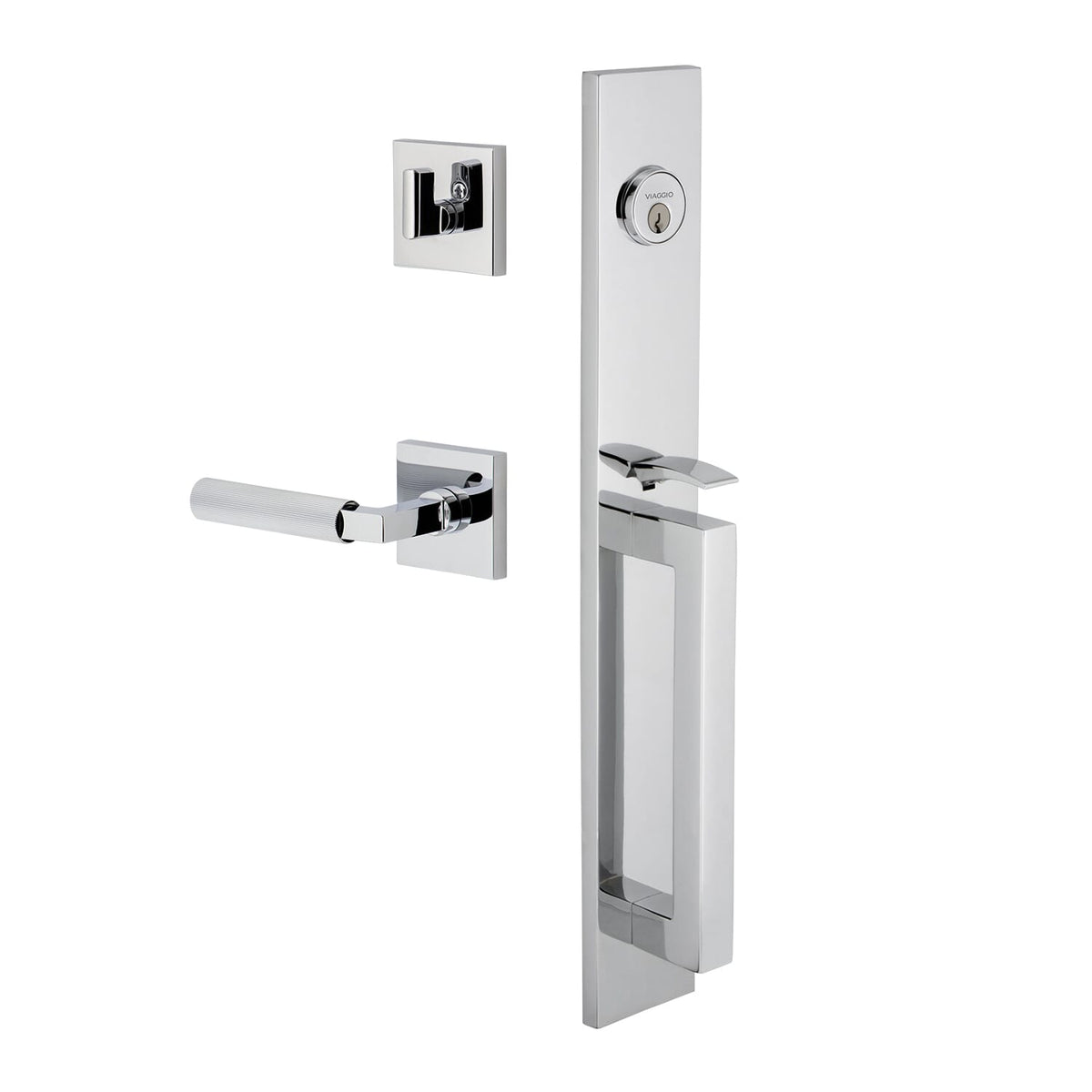 Quadrato One-Piece Handleset with D Grip and Quadrato Rosette with Contempo Fluted Lever in Bright Chrome