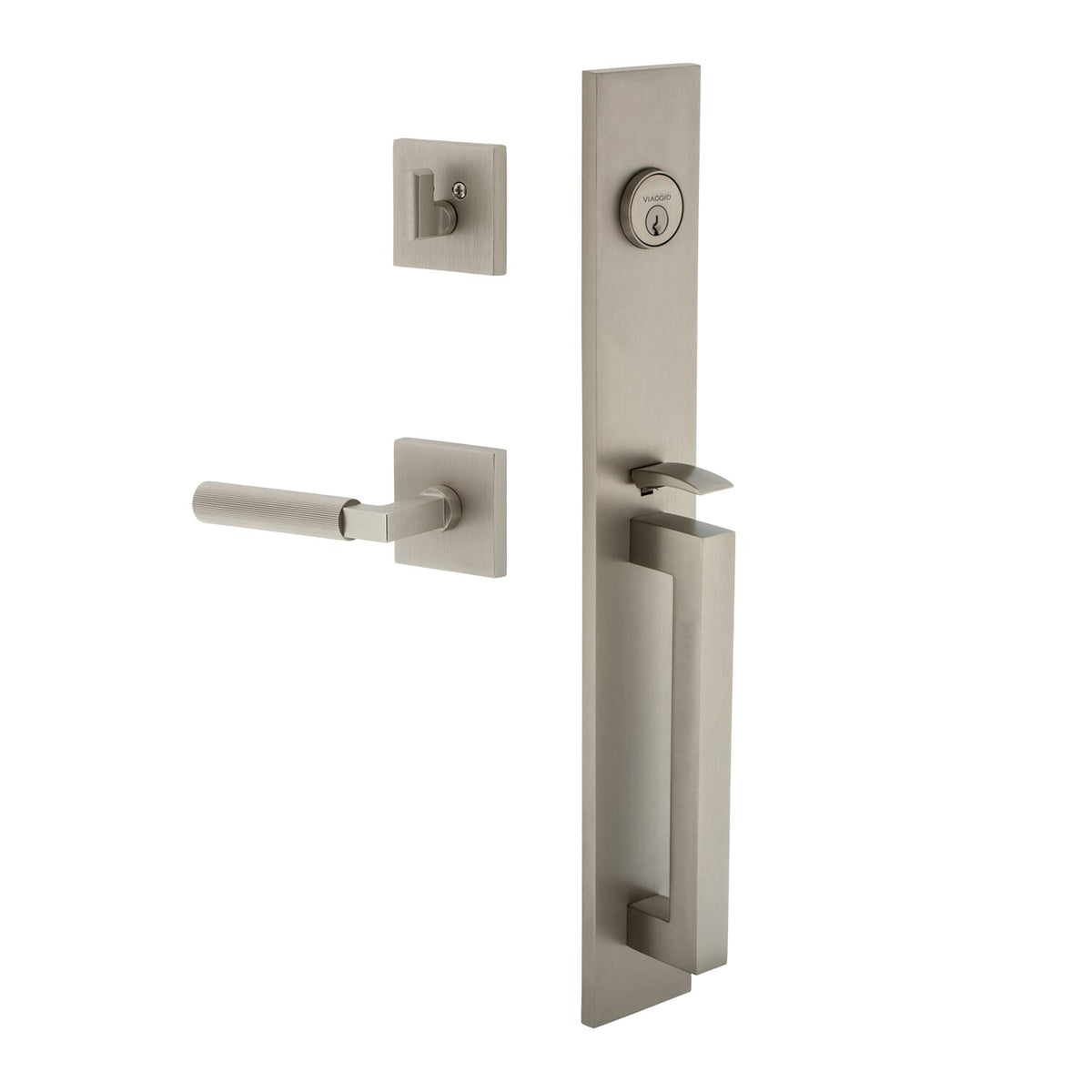 Quadrato One-Piece Handleset with D Grip and Quadrato Rosette with Contempo Fluted Lever in Satin Nickel