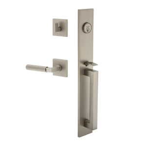 Quadrato One-Piece Handleset with D Grip and Quadrato Rosette with Contempo Fluted Lever in Satin Nickel