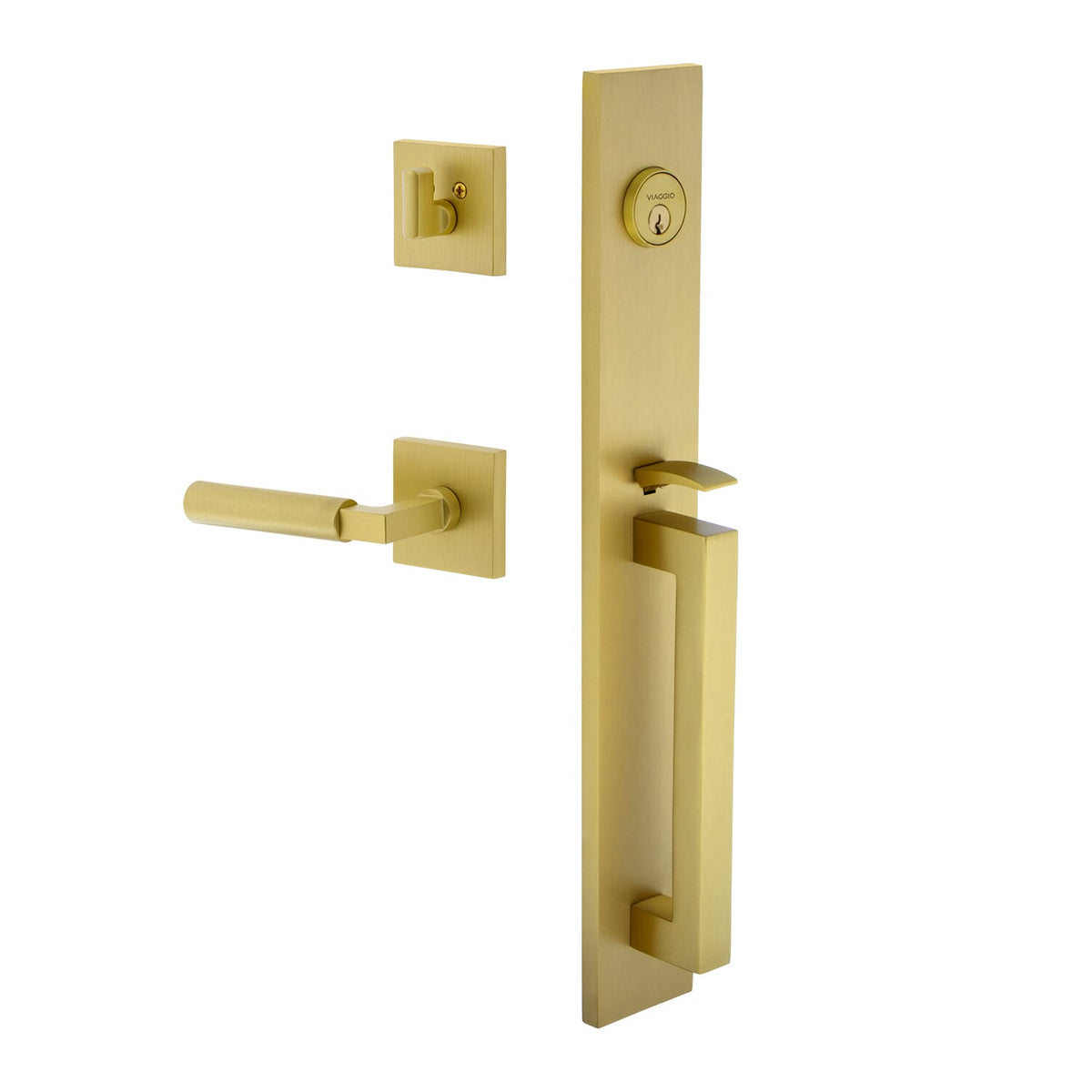 Quadrato One-Piece Handleset with D Grip and Quadrato Rosette with Contempo Smooth Lever in Satin Brass