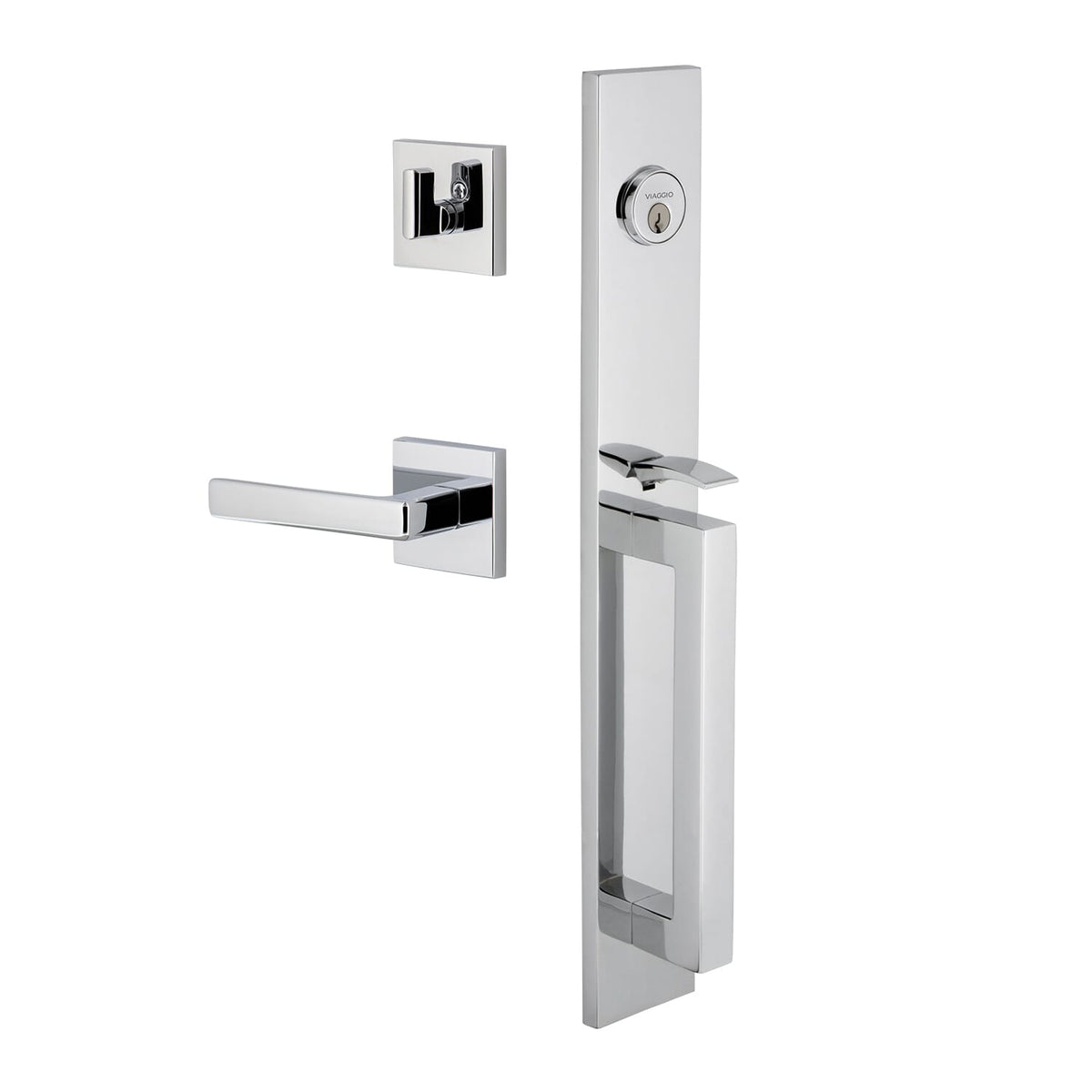 Quadrato One-Piece Handleset with D Grip and Quadrato Rosette with Lusso Lever in Bright Chrome