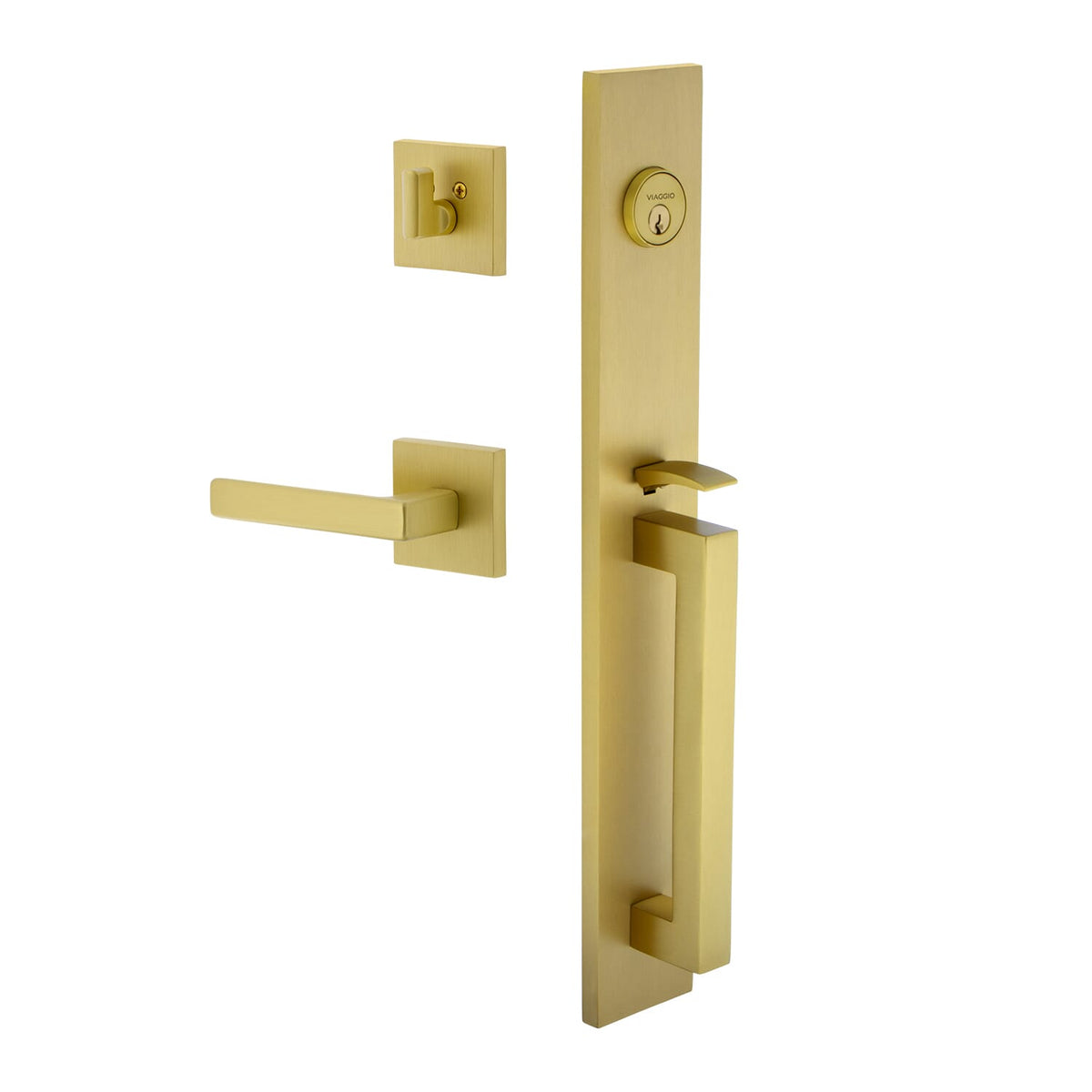 Quadrato One-Piece Handleset with D Grip and Quadrato Rosette with Lusso Lever in Satin Brass