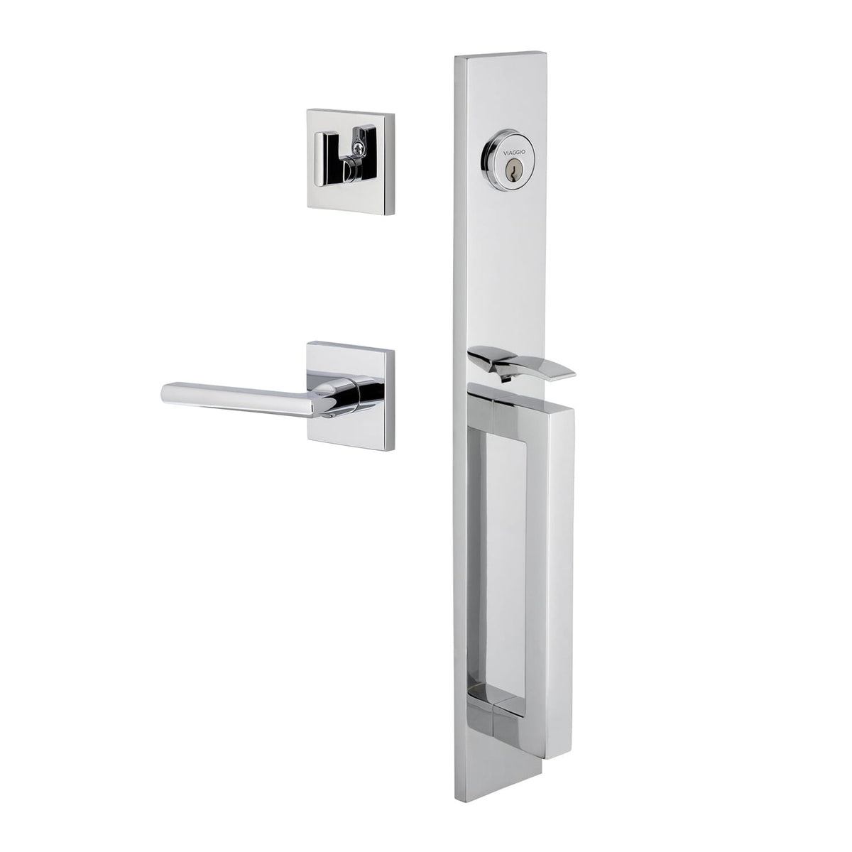 Quadrato One-Piece Handleset with D Grip and Quadrato Rosette with Milano Lever in Bright Chrome