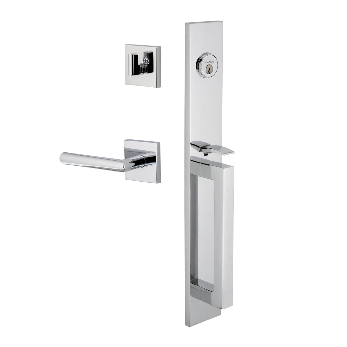 Quadrato One-Piece Handleset with D Grip and Quadrato Rosette with Moderno Lever in Bright Chrome