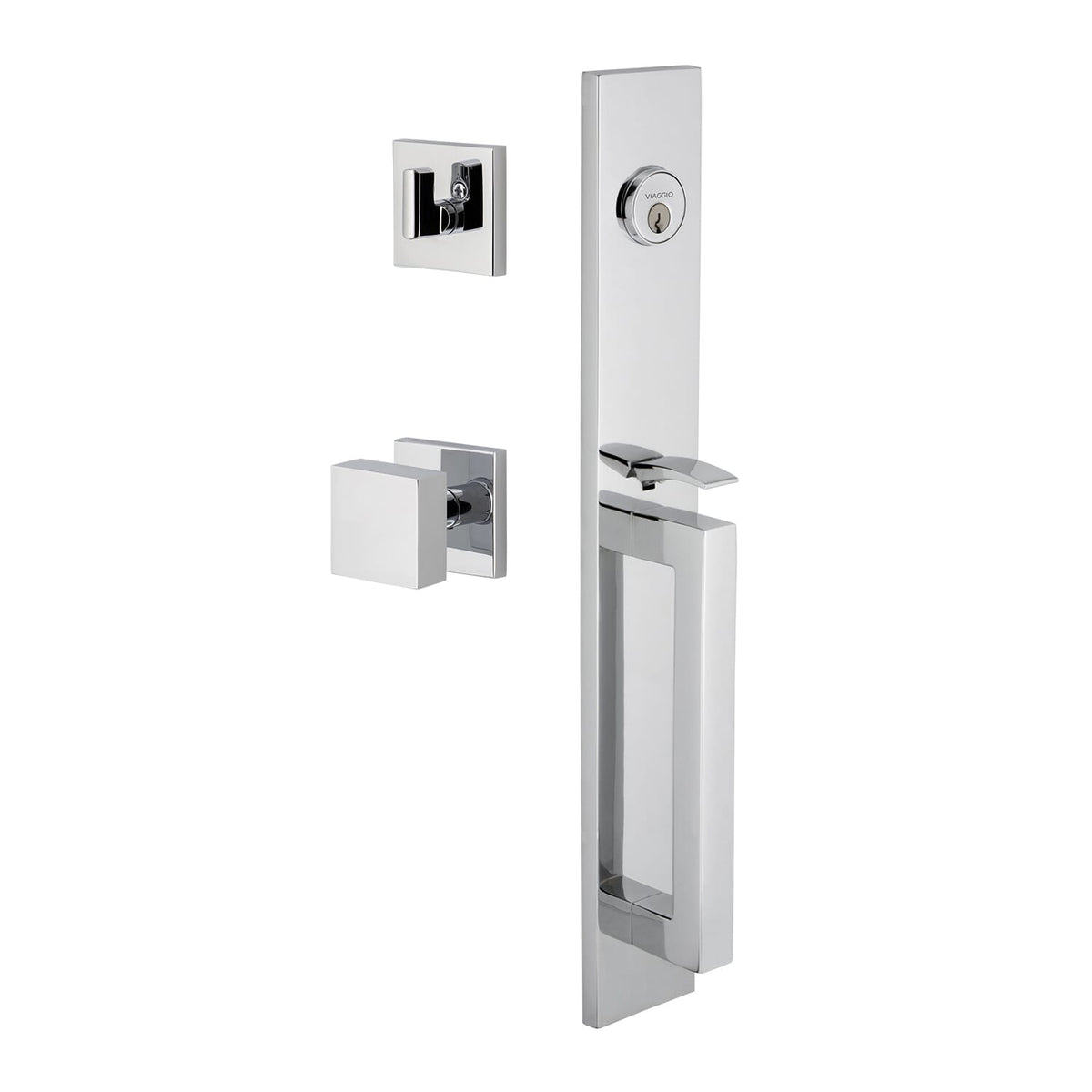 Quadrato One-Piece Handleset with D Grip and Quadrato Rosette with Quadrato Knob in Bright Chrome