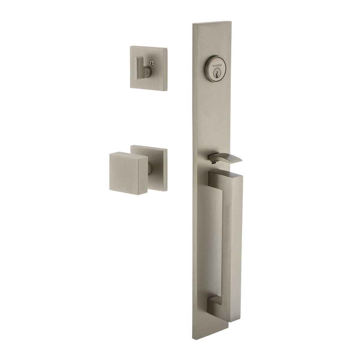 Quadrato One-Piece Handleset with D Grip and Quadrato Rosette with Quadrato Knob in Satin Nickel