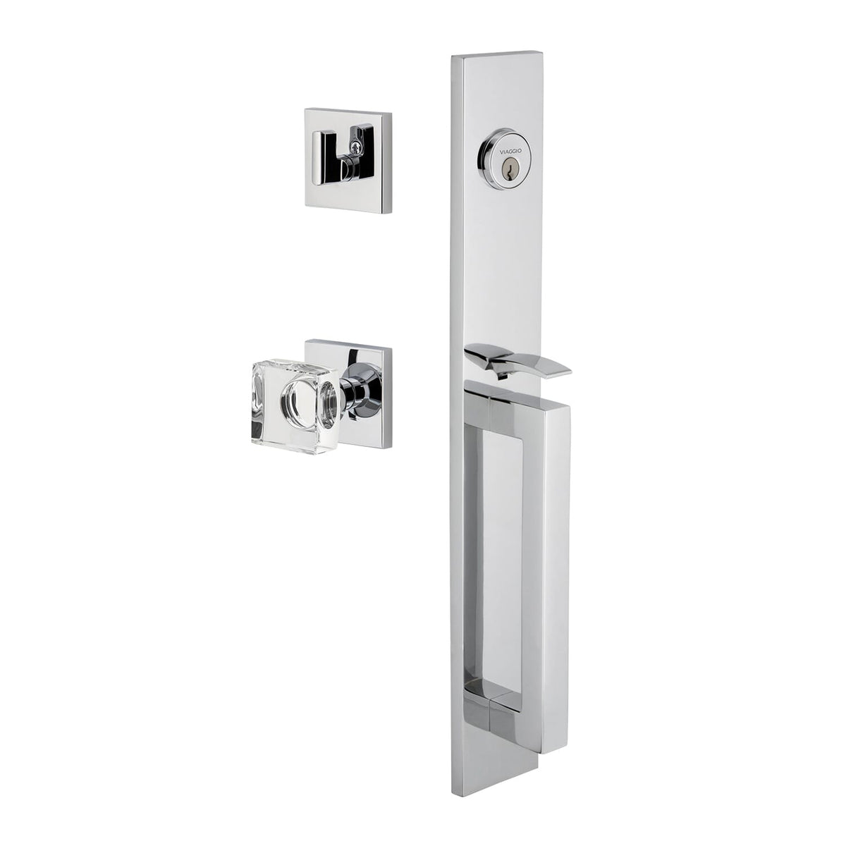 Quadrato One-Piece Handleset with D Grip and Quadrato Rosette with Quadrato Crystal Knob in Bright Chrome