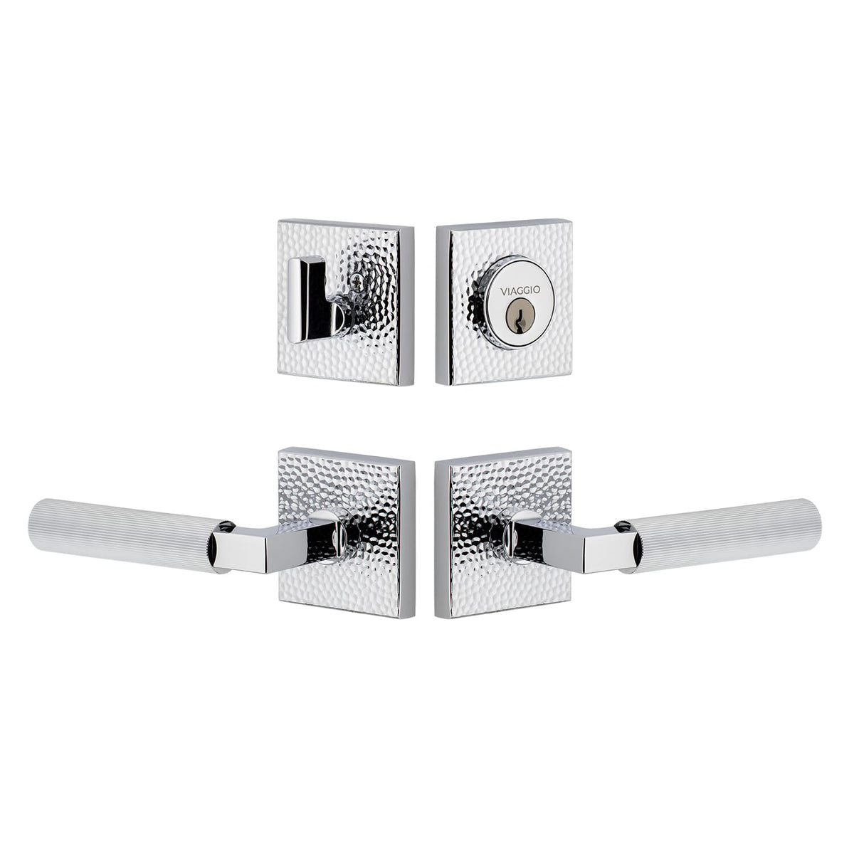 Quadrato Hammered Rosette Entry Set with Contempo Fluted Lever  in Bright Chrome