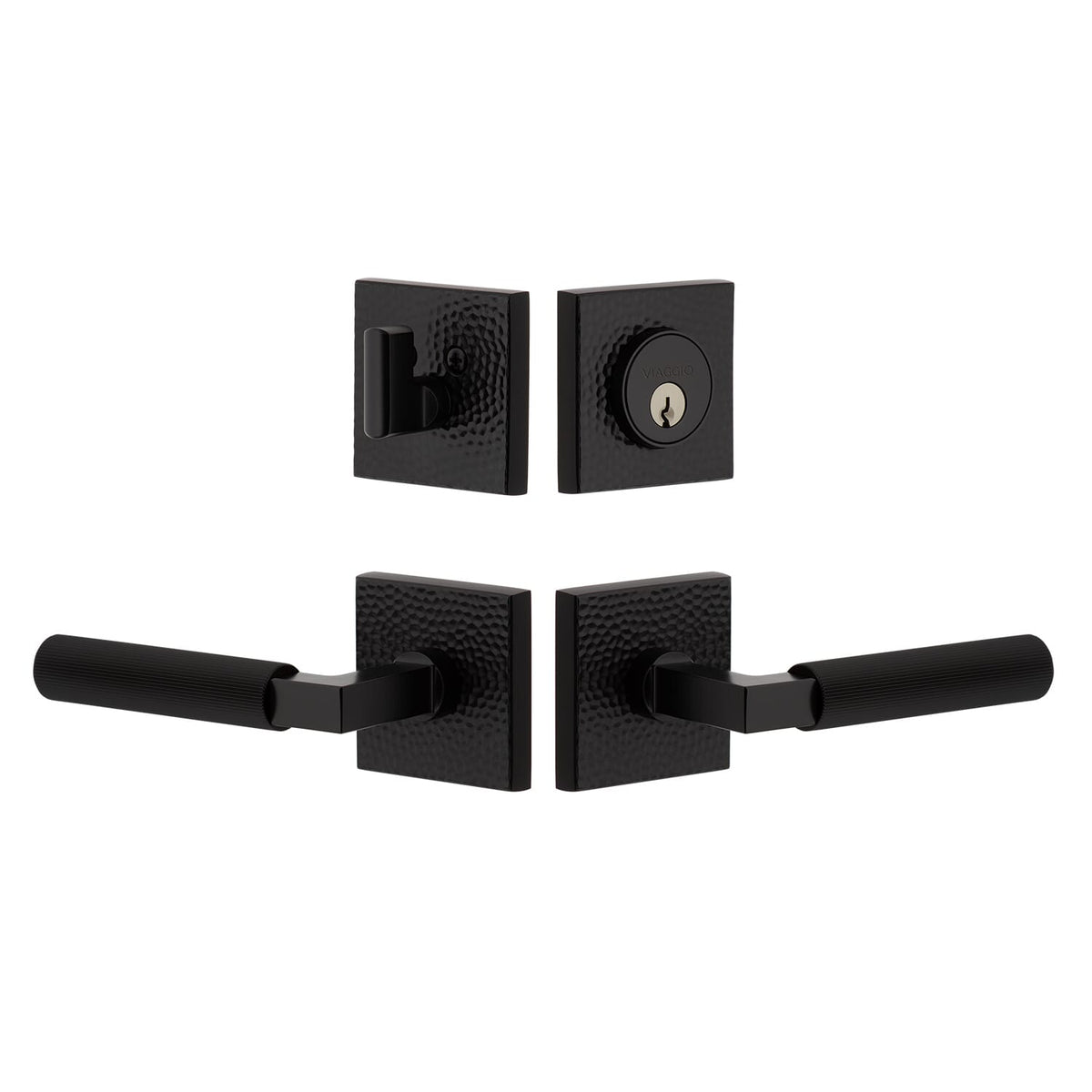 Quadrato Hammered Rosette Entry Set with Contempo Fluted Lever  in Satin Black