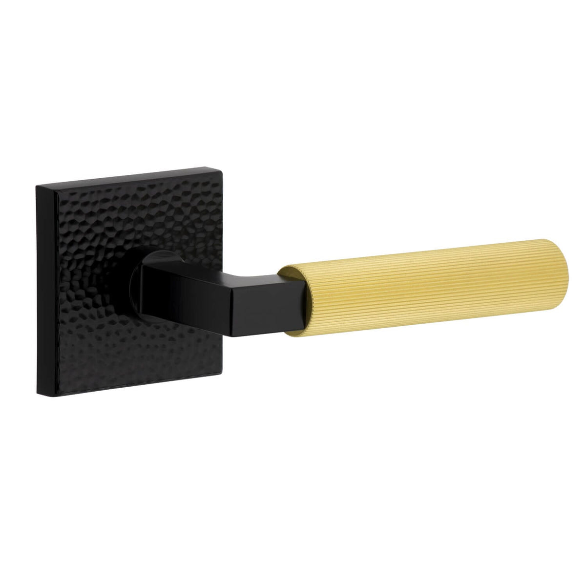 Quadrato Hammered Rosette in Satin Black with Satin Brass Contempo Fluted Lever