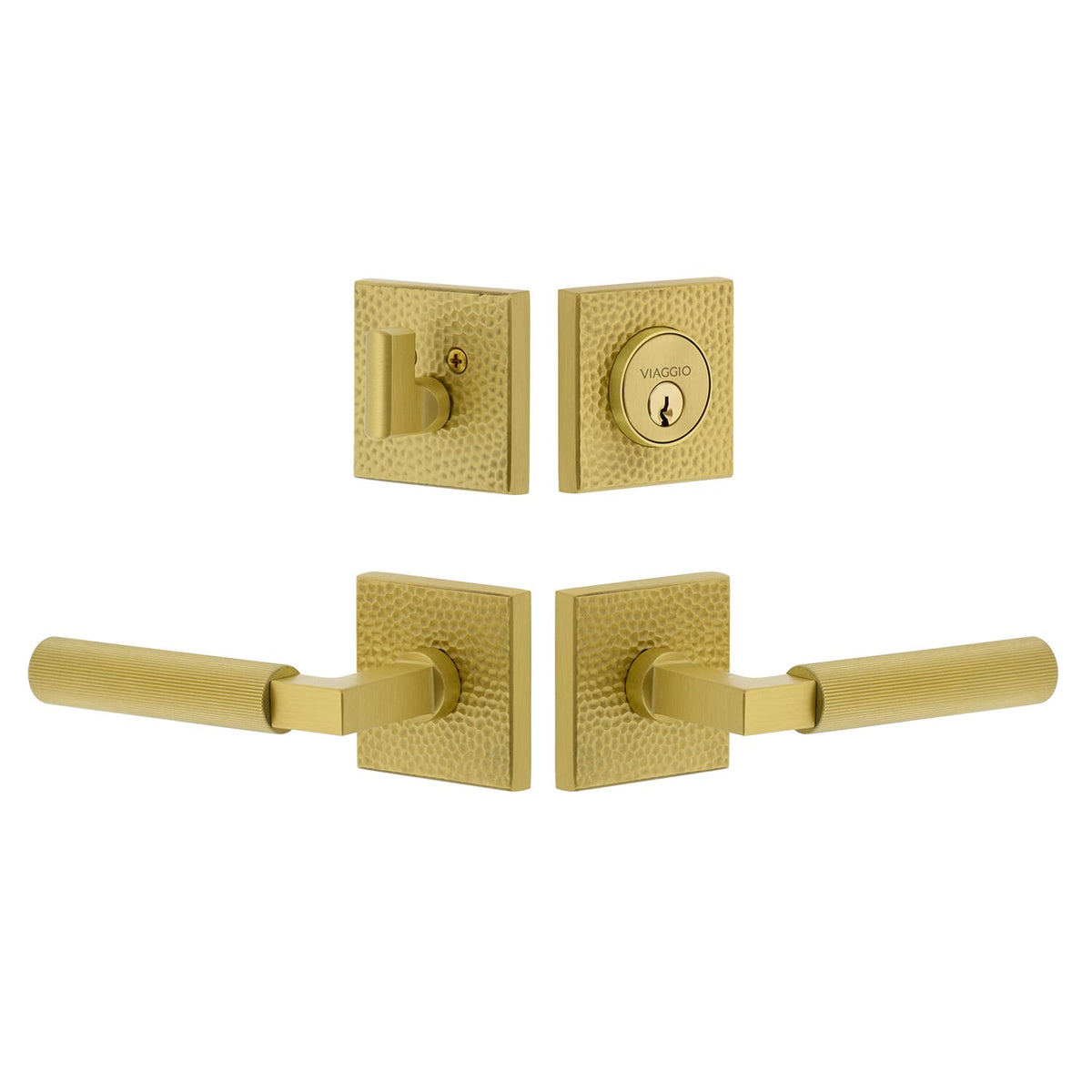 Quadrato Hammered Rosette Entry Set with Contempo Fluted Lever  in Satin Brass