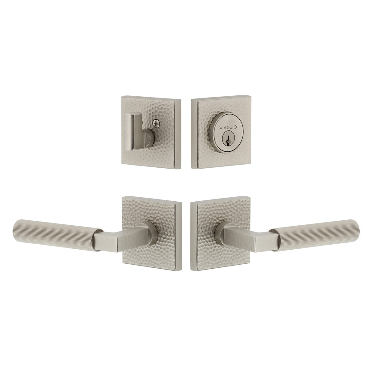 Quadrato Hammered Rosette Entry Set with Contempo Fluted Lever  in Satin Nickel