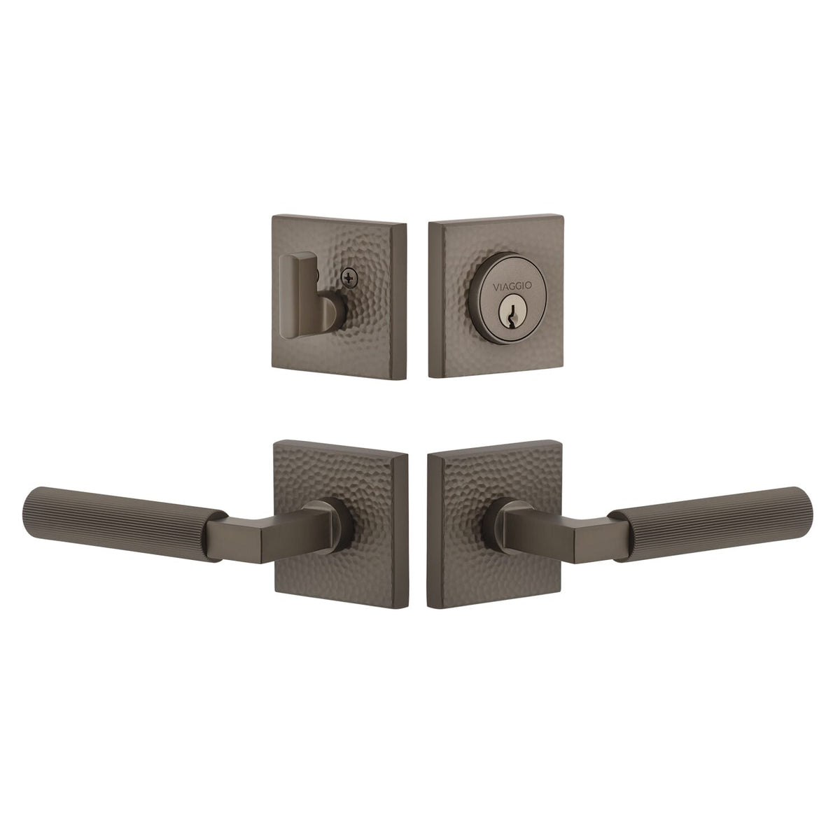 Quadrato Hammered Rosette Entry Set with Contempo Fluted Lever  in Titanium Gray