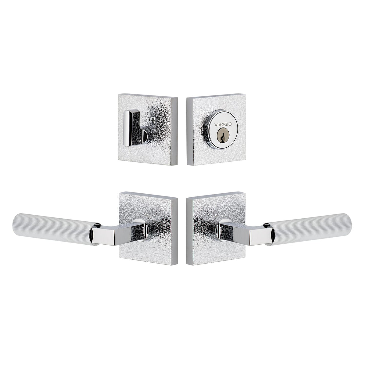 Quadrato Leather Rosette Entry Set with Contempo Fluted Lever  in Bright Chrome