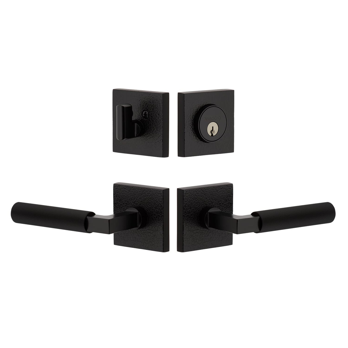Quadrato Leather Rosette Entry Set with Contempo Fluted Lever  in Satin Black