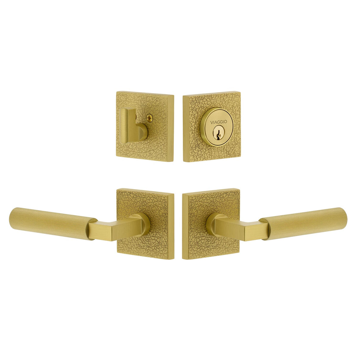Quadrato Leather Rosette Entry Set with Contempo Fluted Lever  in Satin Brass