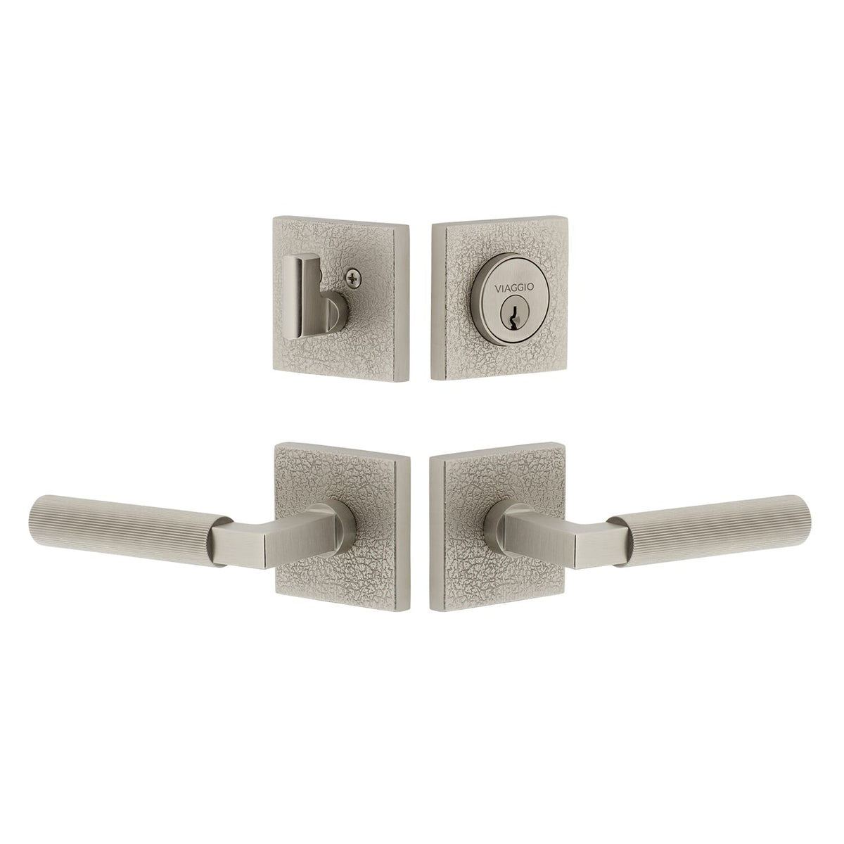 Quadrato Leather Rosette Entry Set with Contempo Fluted Lever  in Satin Nickel