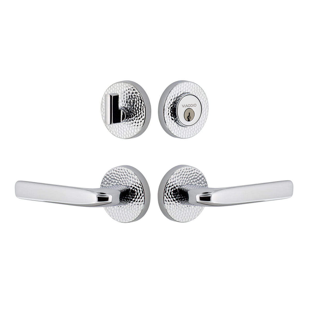 Circolo Hammered Rosette Entry Set with Bella Lever in Bright Chrome