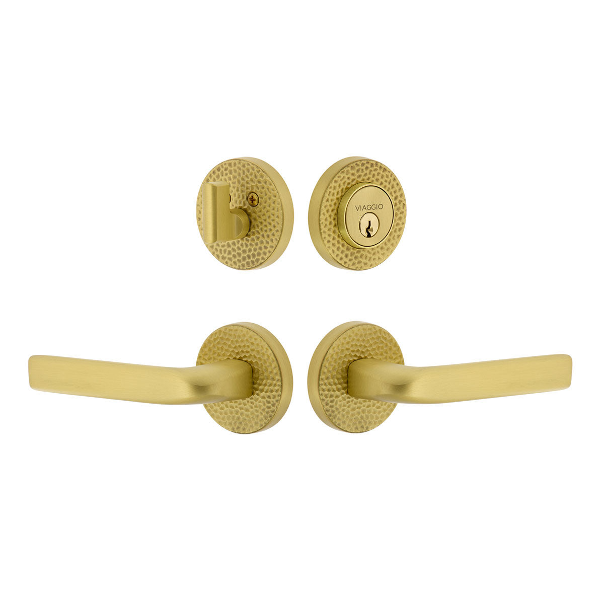 Circolo Hammered Rosette Entry Set with Bella Lever in Satin Brass