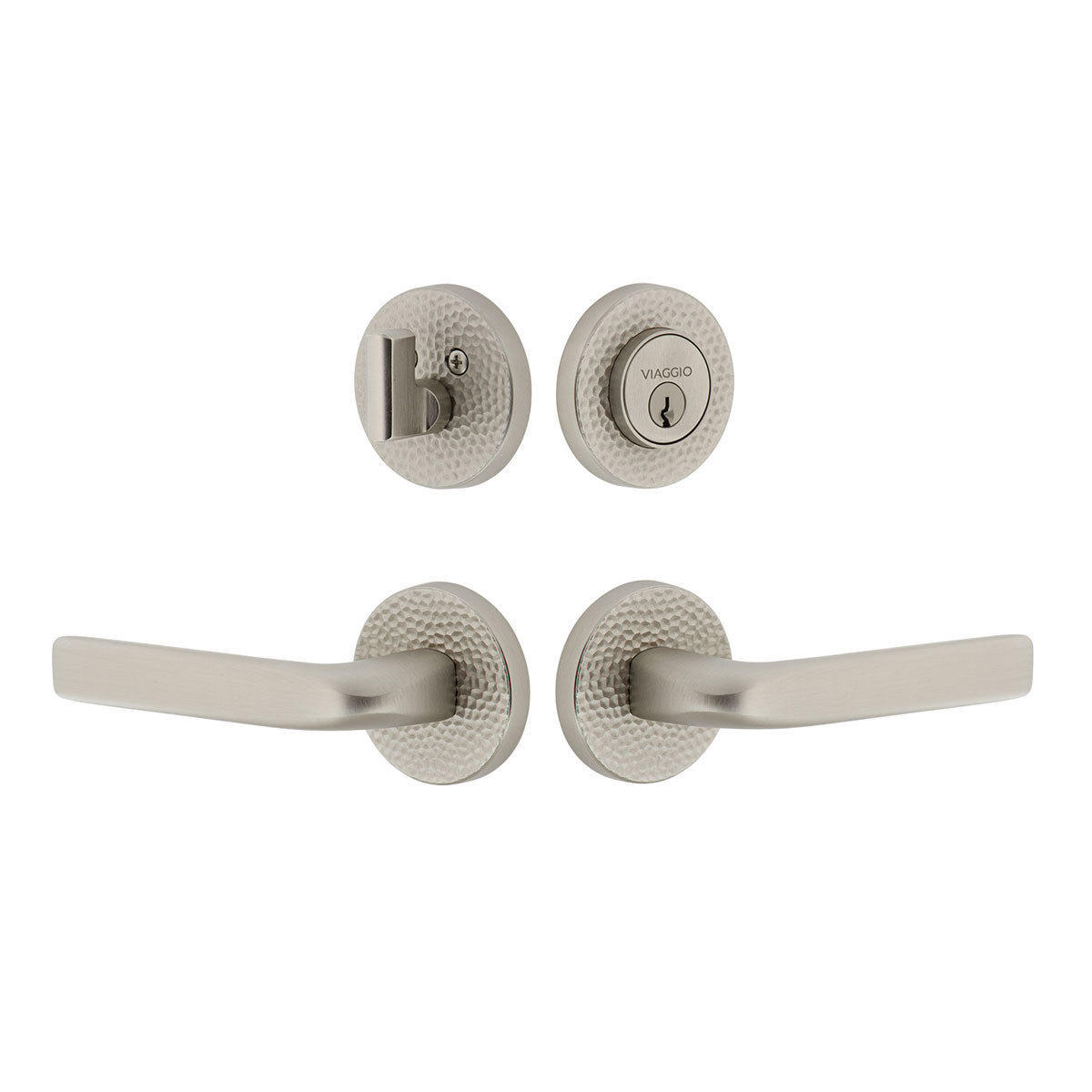 Circolo Hammered Rosette Entry Set with Bella Lever in Satin Nickel